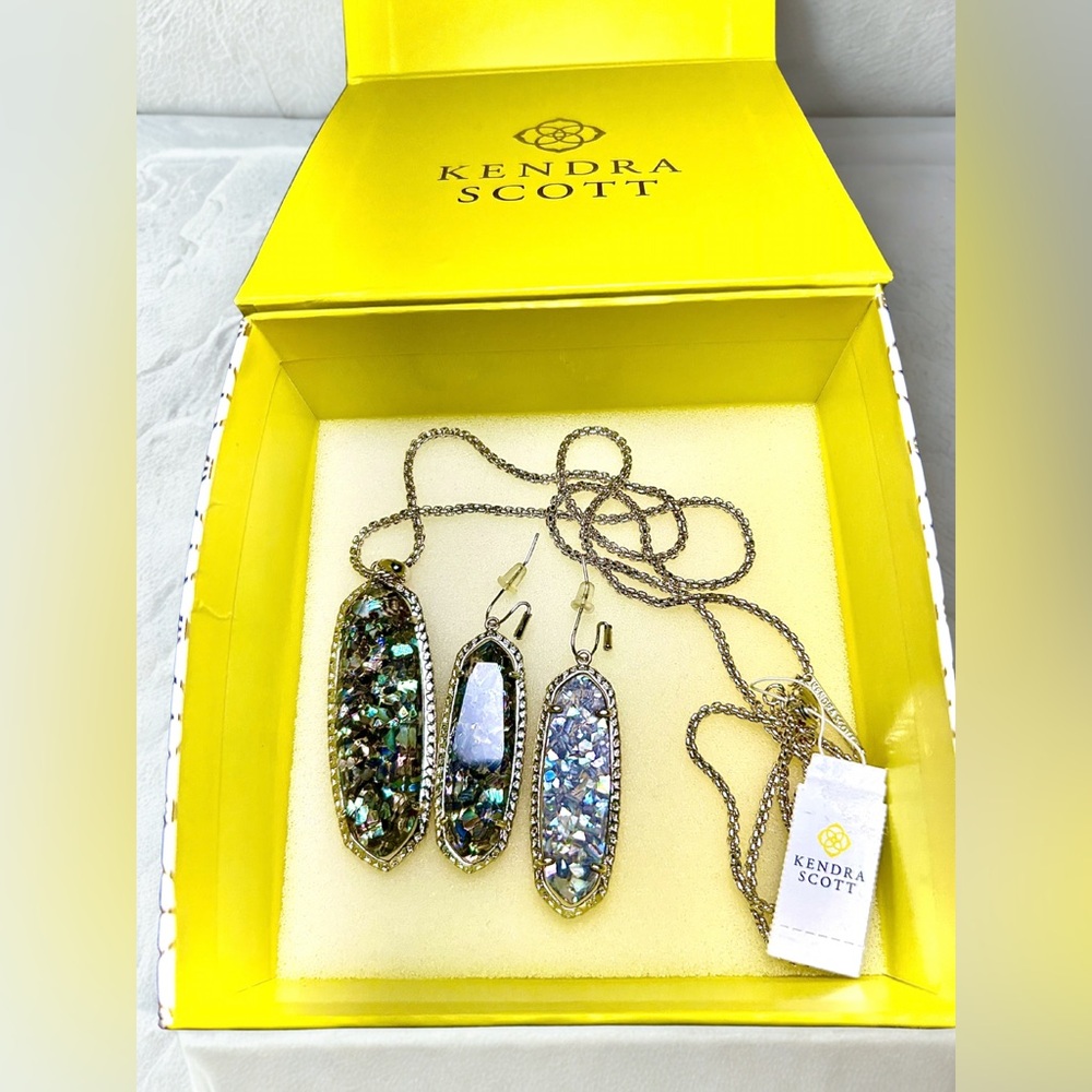 Kendra Scott Long Statement Necklace With Drop Earrings Set- -Gold Tone NWT+ Box